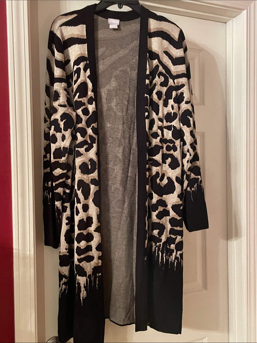 Chico's Black & Cream Textured Knit Open Cardigan